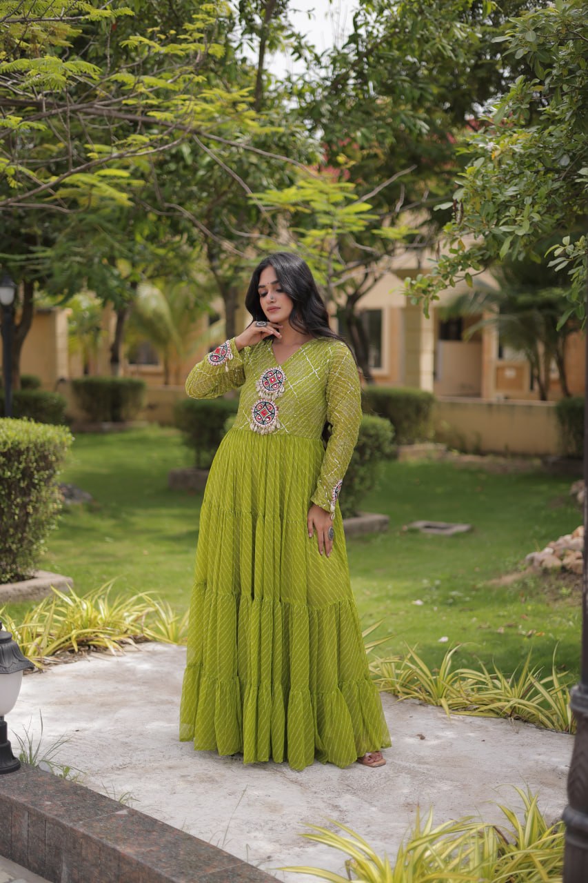 Jhanvi Green Faux Georgette Laheriya Kutchi Patchwork Gown