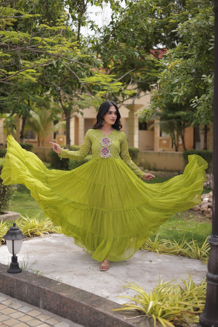 Jhanvi Green Faux Georgette Laheriya Kutchi Patchwork Gown