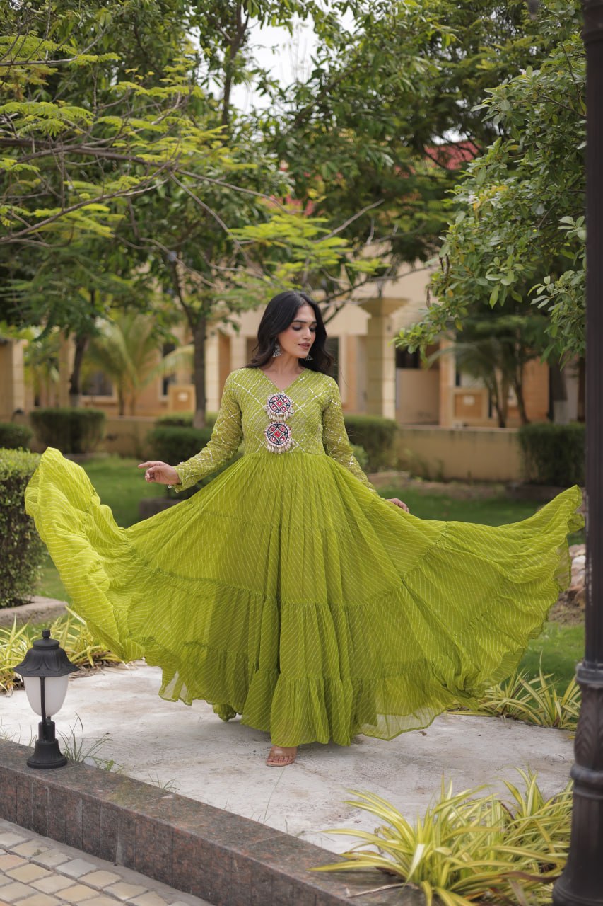 Jhanvi Green Faux Georgette Laheriya Kutchi Patchwork Gown