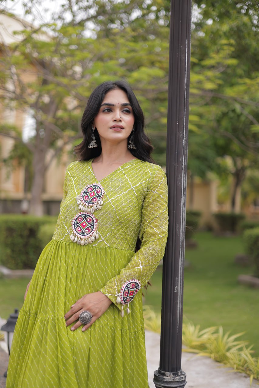 Jhanvi Green Faux Georgette Laheriya Kutchi Patchwork Gown