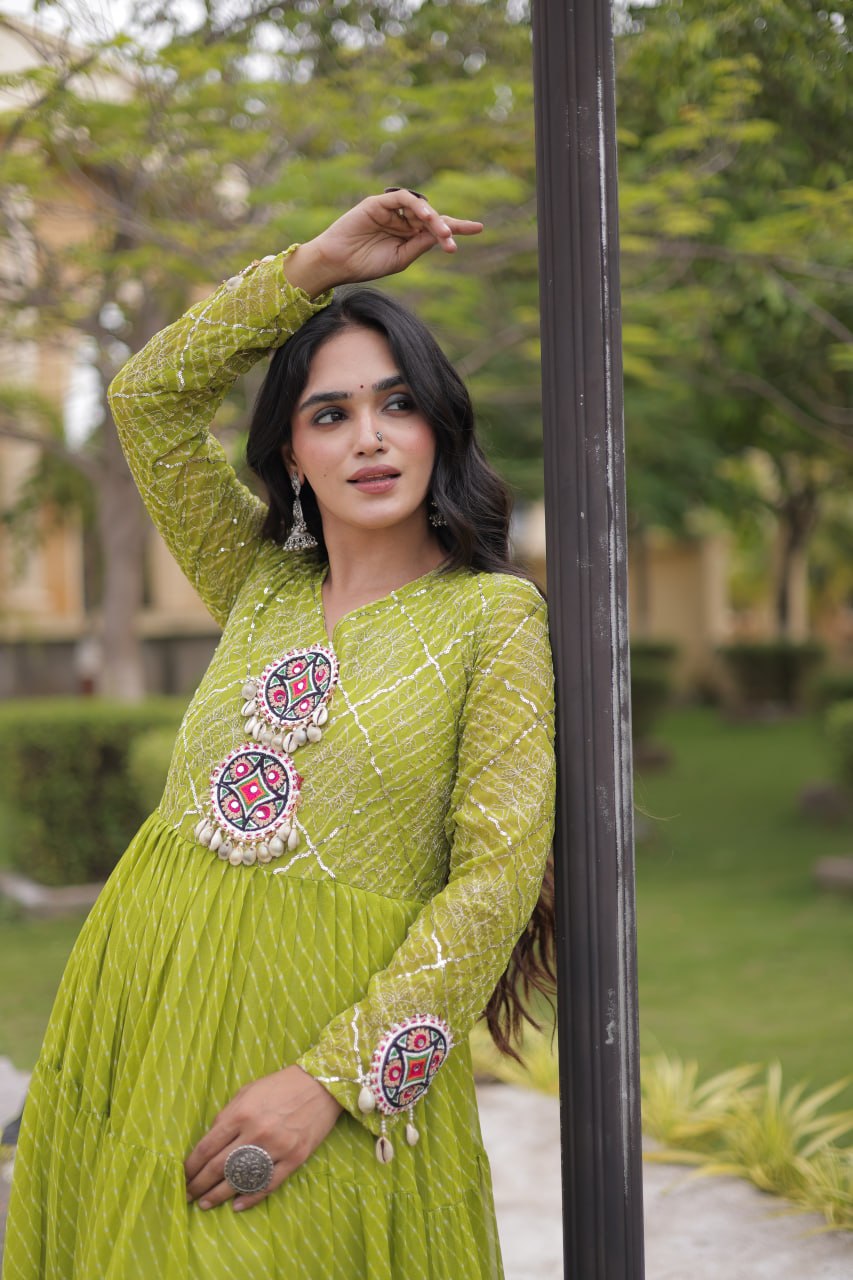 Jhanvi Green Faux Georgette Laheriya Kutchi Patchwork Gown