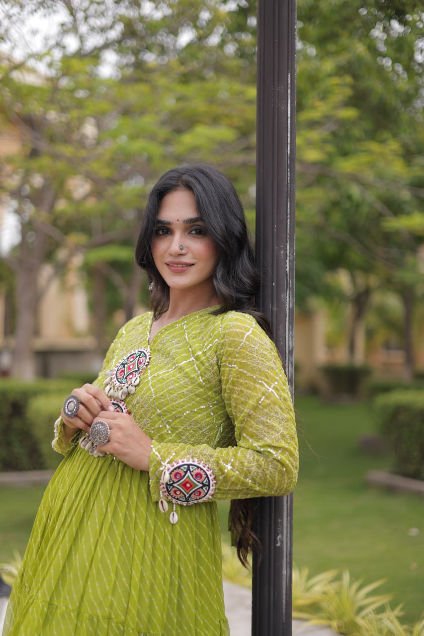 Jhanvi Green Faux Georgette Laheriya Kutchi Patchwork Gown