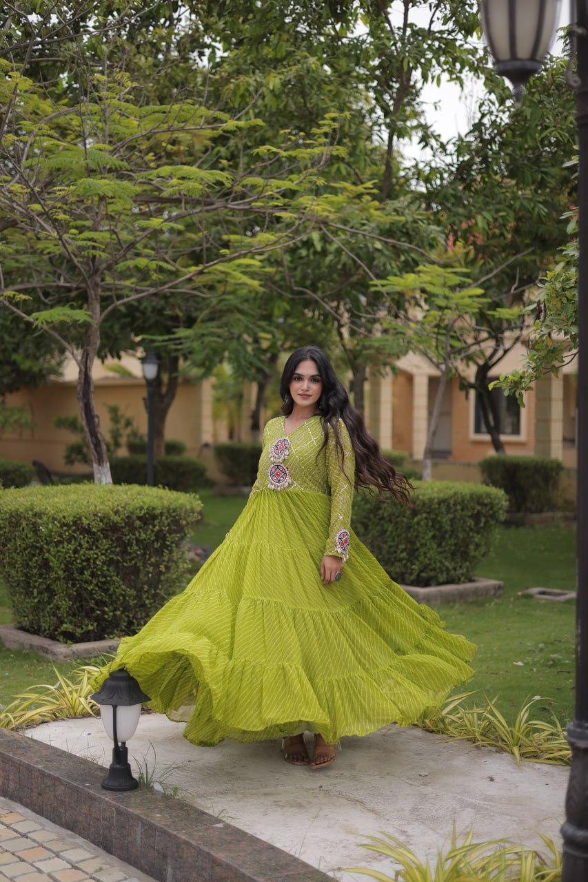 Jhanvi Green Faux Georgette Laheriya Kutchi Patchwork Gown