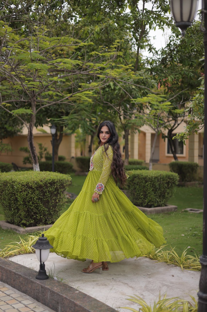 Jhanvi Green Faux Georgette Laheriya Kutchi Patchwork Gown