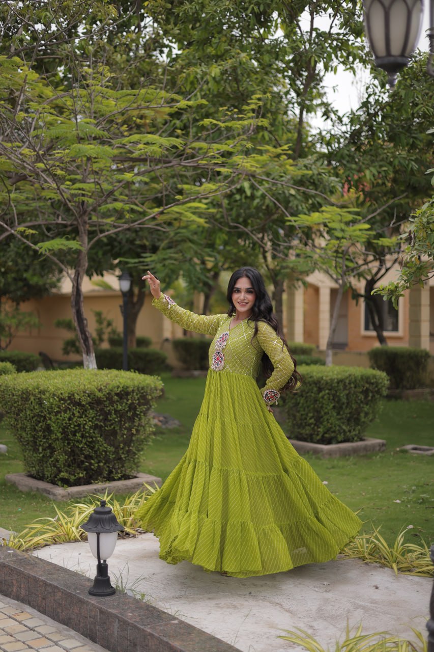Jhanvi Green Faux Georgette Laheriya Kutchi Patchwork Gown