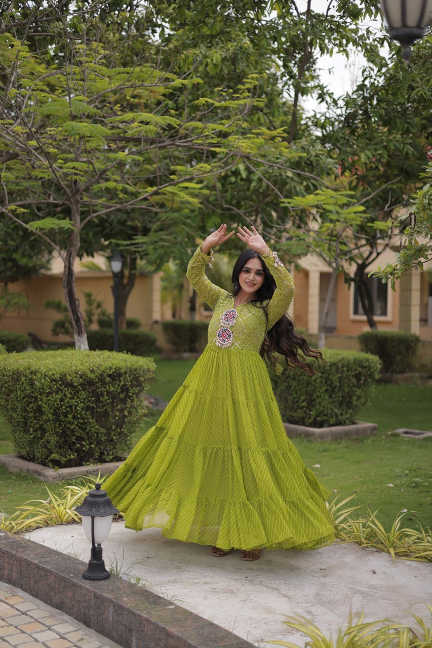 Jhanvi Green Faux Georgette Laheriya Kutchi Patchwork Gown