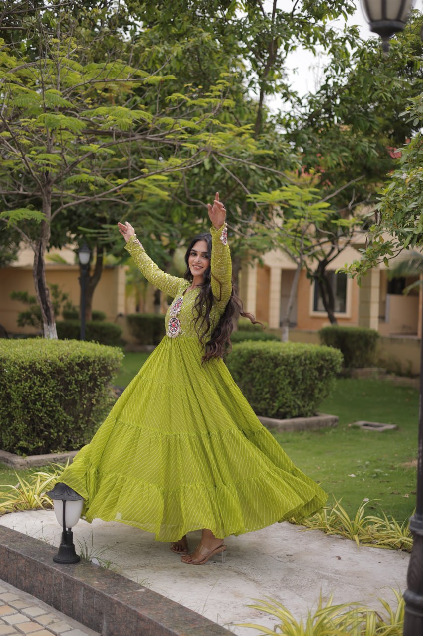 Jhanvi Green Faux Georgette Laheriya Kutchi Patchwork Gown
