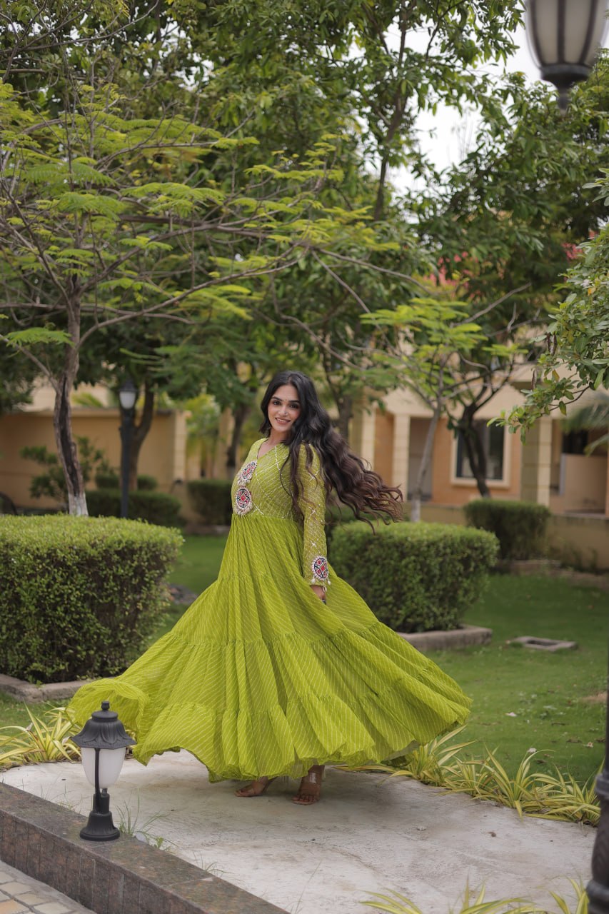 Jhanvi Green Faux Georgette Laheriya Kutchi Patchwork Gown