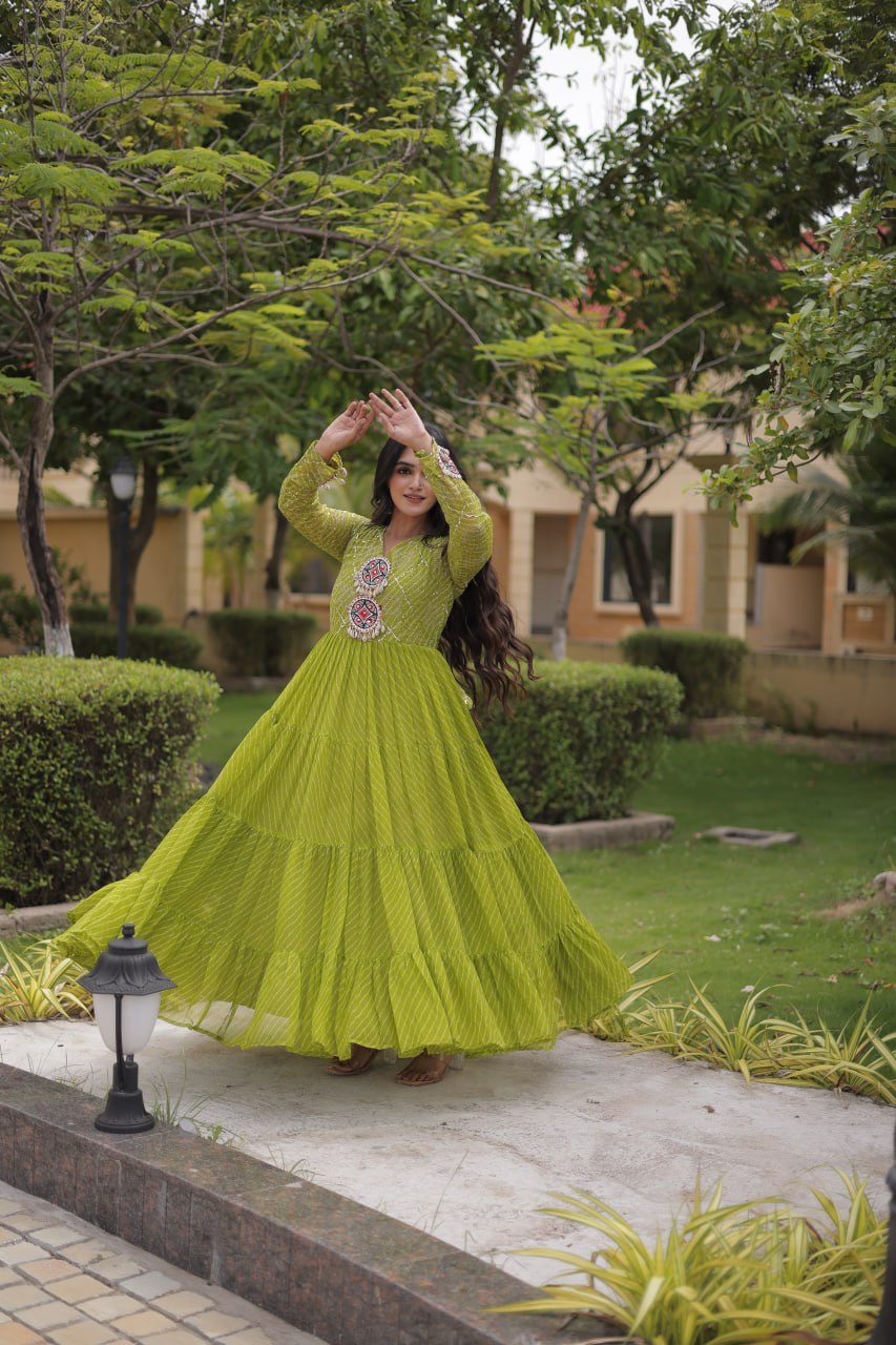 Jhanvi Green Faux Georgette Laheriya Kutchi Patchwork Gown