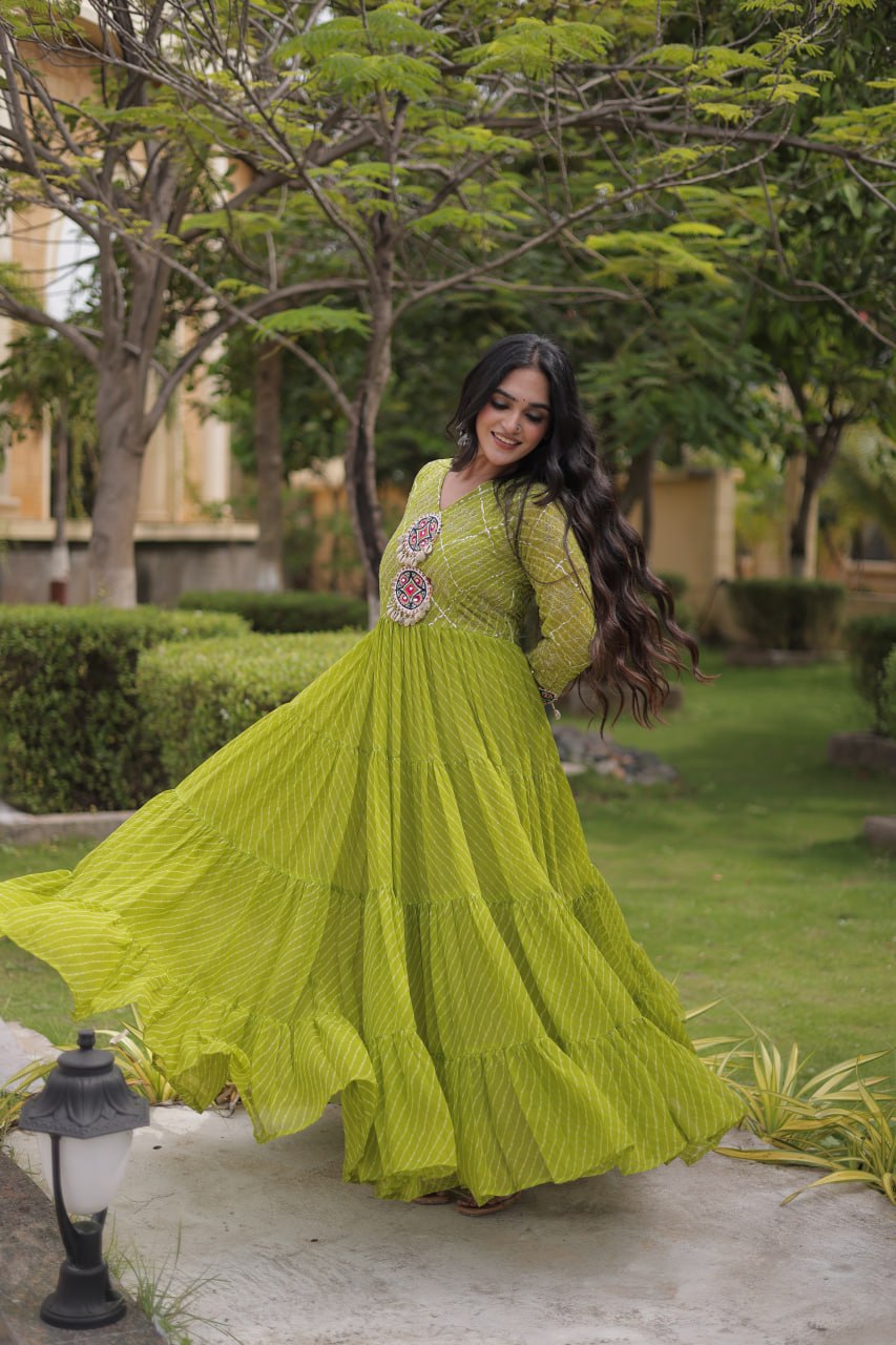 Jhanvi Green Faux Georgette Laheriya Kutchi Patchwork Gown