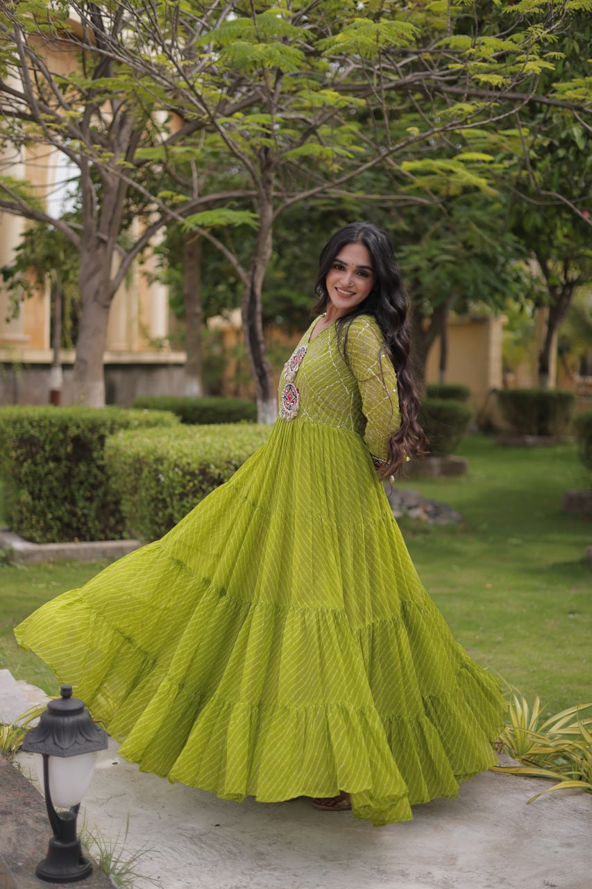 Jhanvi Green Faux Georgette Laheriya Kutchi Patchwork Gown