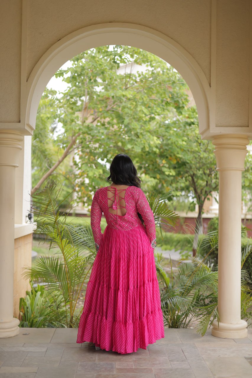 Jhanvi Pink Faux Georgette Laheriya Kutchi Patchwork Gown