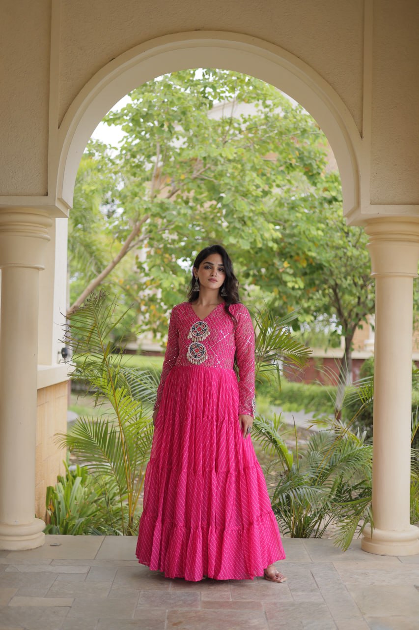 Jhanvi Pink Faux Georgette Laheriya Kutchi Patchwork Gown