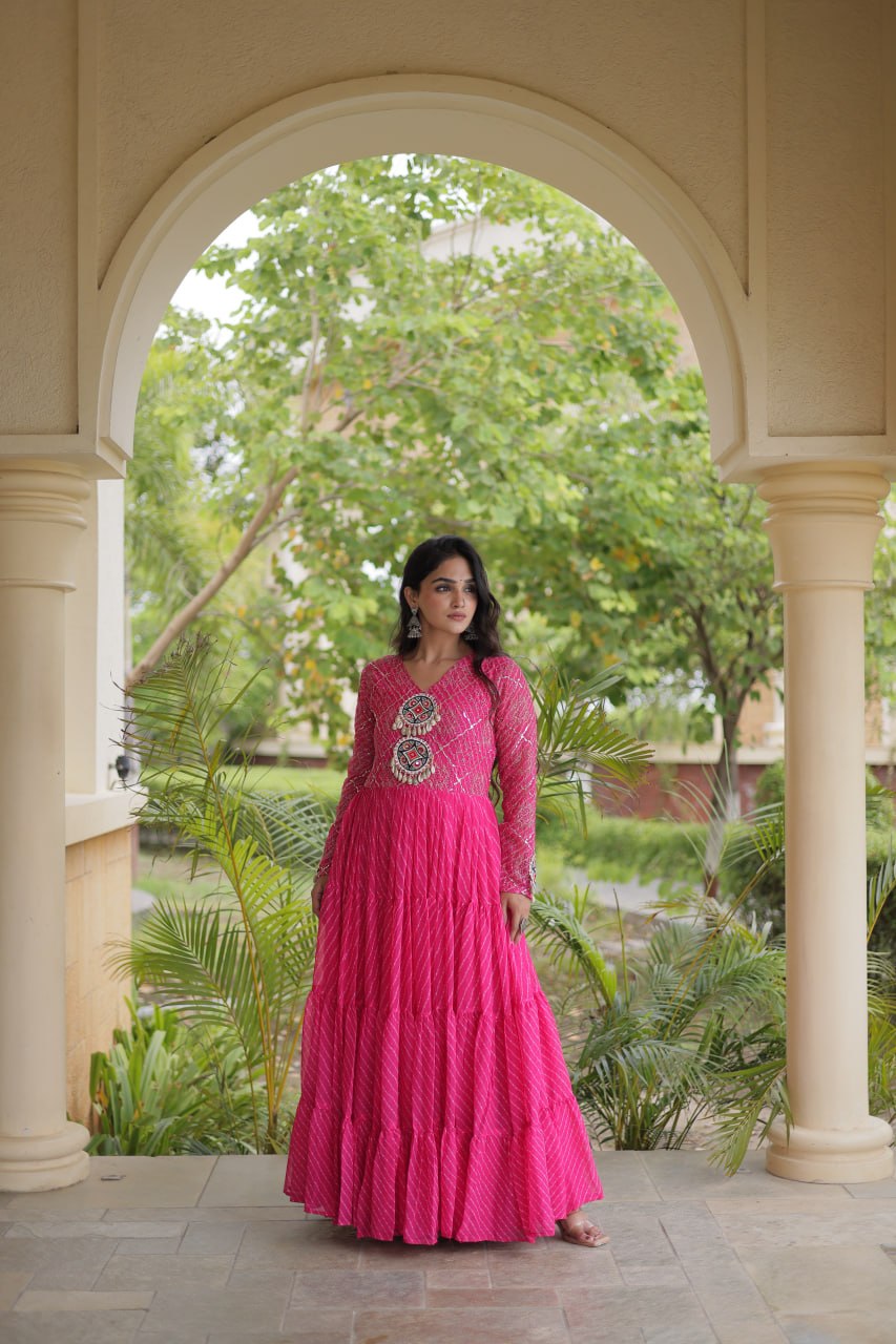 Jhanvi Pink Faux Georgette Laheriya Kutchi Patchwork Gown