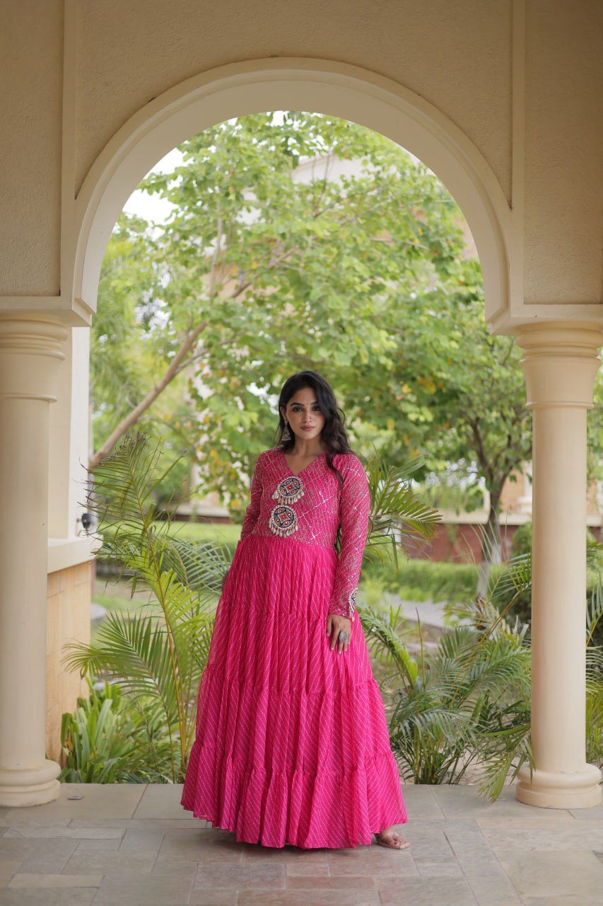 Jhanvi Pink Faux Georgette Laheriya Kutchi Patchwork Gown