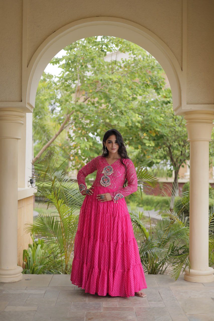 Jhanvi Pink Faux Georgette Laheriya Kutchi Patchwork Gown