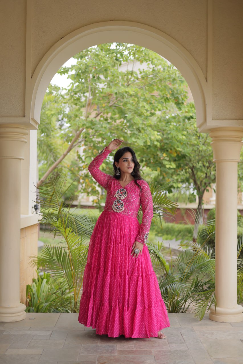 Jhanvi Pink Faux Georgette Laheriya Kutchi Patchwork Gown