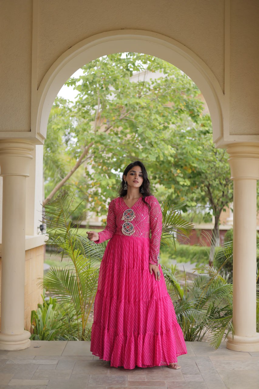 Jhanvi Pink Faux Georgette Laheriya Kutchi Patchwork Gown
