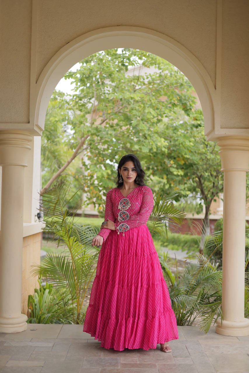 Jhanvi Pink Faux Georgette Laheriya Kutchi Patchwork Gown
