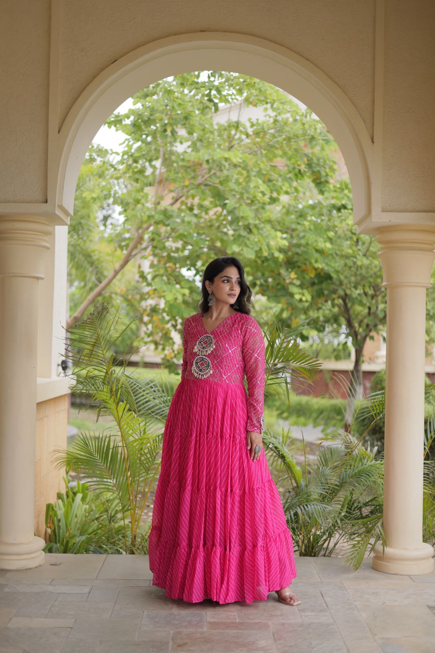 Jhanvi Pink Faux Georgette Laheriya Kutchi Patchwork Gown