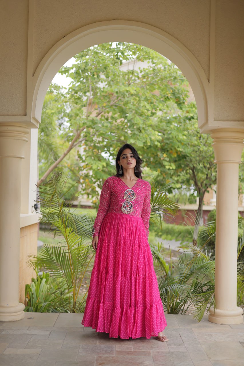 Jhanvi Pink Faux Georgette Laheriya Kutchi Patchwork Gown