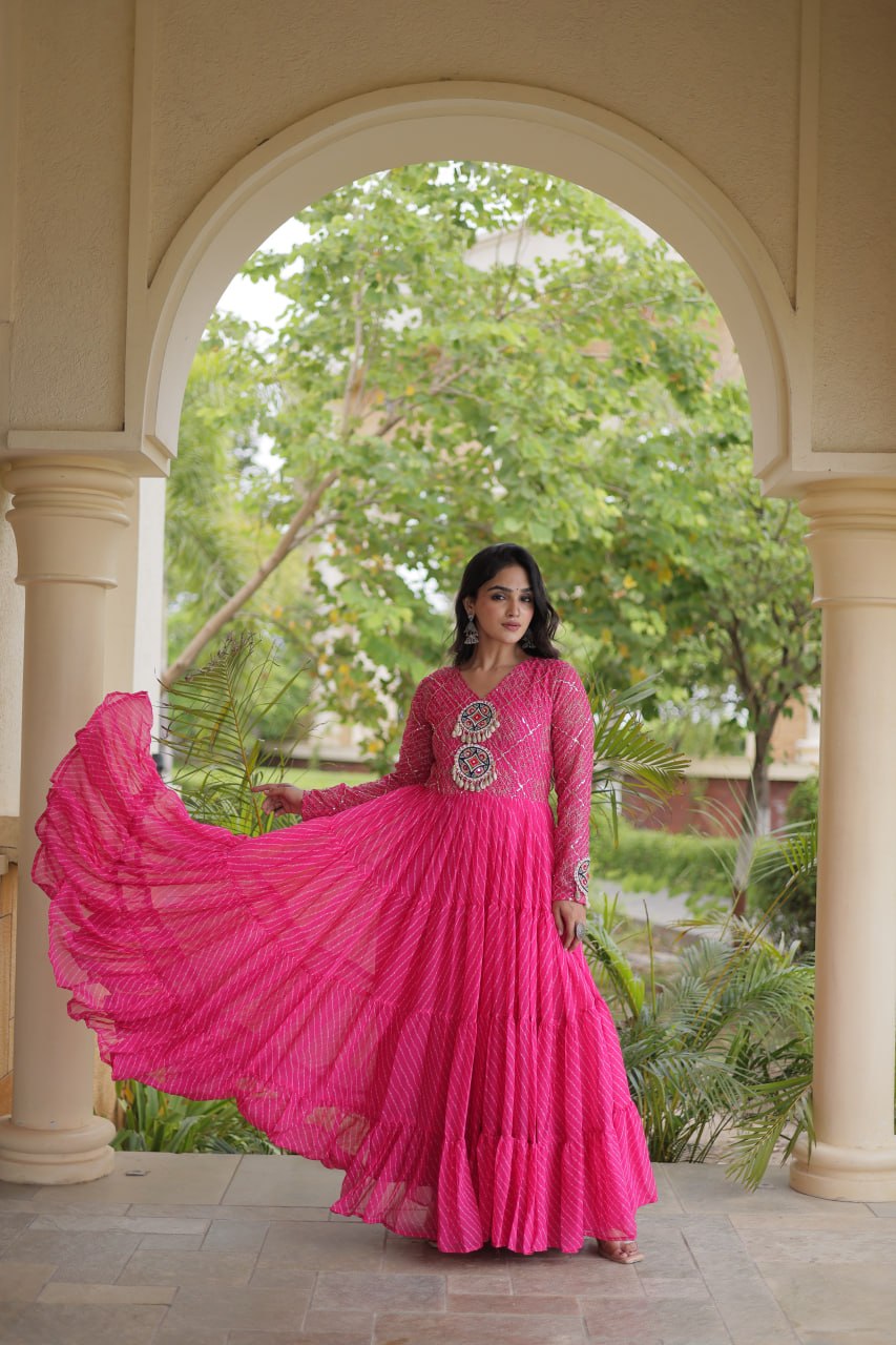Jhanvi Pink Faux Georgette Laheriya Kutchi Patchwork Gown