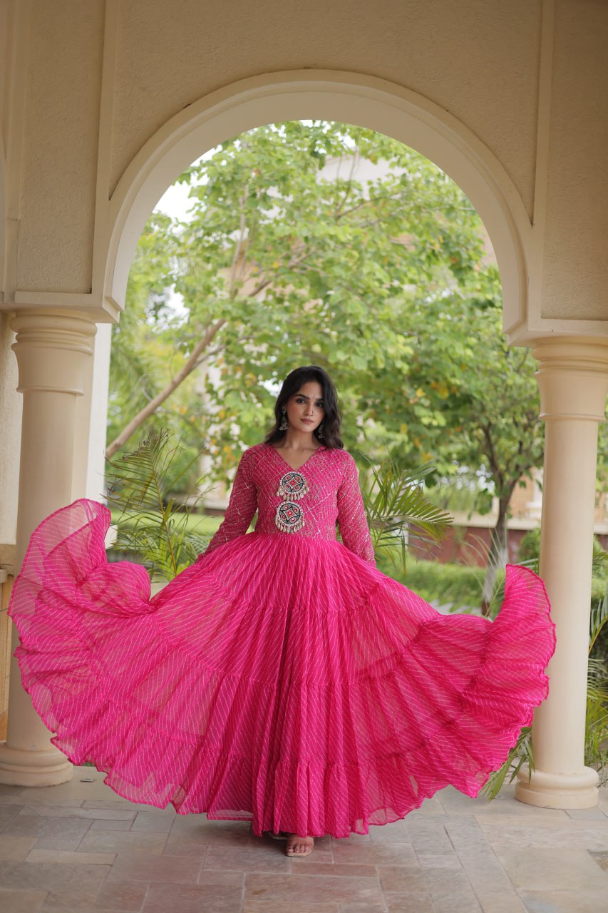 Jhanvi Pink Faux Georgette Laheriya Kutchi Patchwork Gown