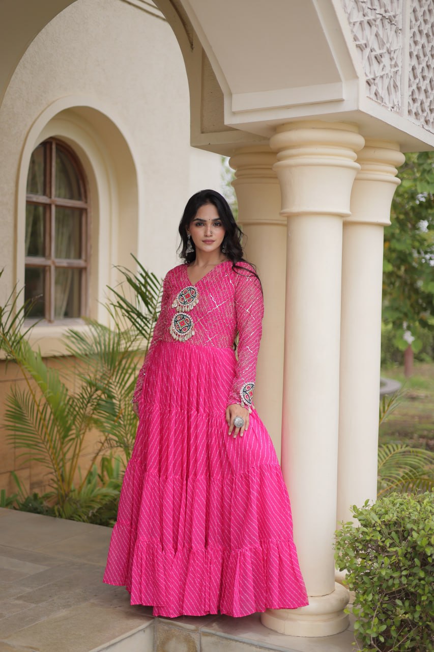 Jhanvi Pink Faux Georgette Laheriya Kutchi Patchwork Gown