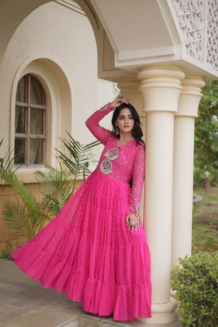 Jhanvi Pink Faux Georgette Laheriya Kutchi Patchwork Gown