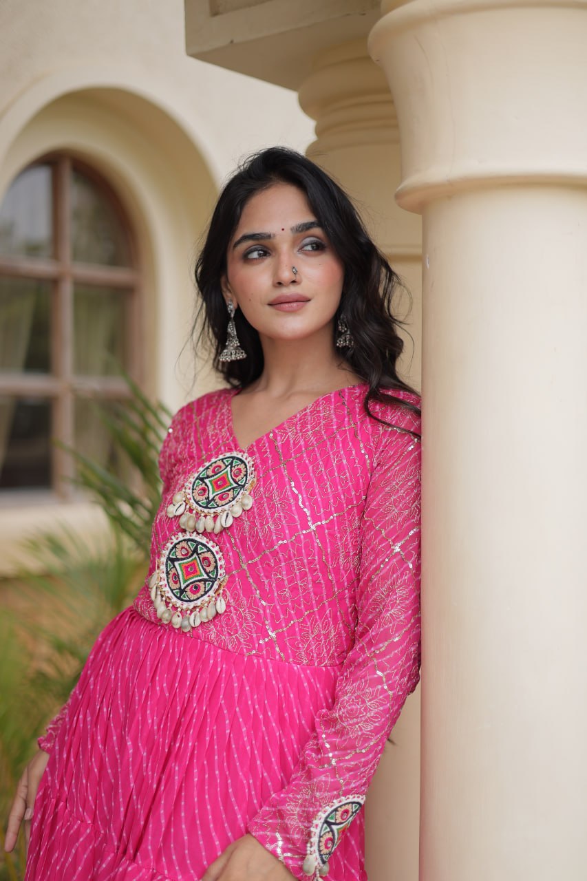 Jhanvi Pink Faux Georgette Laheriya Kutchi Patchwork Gown