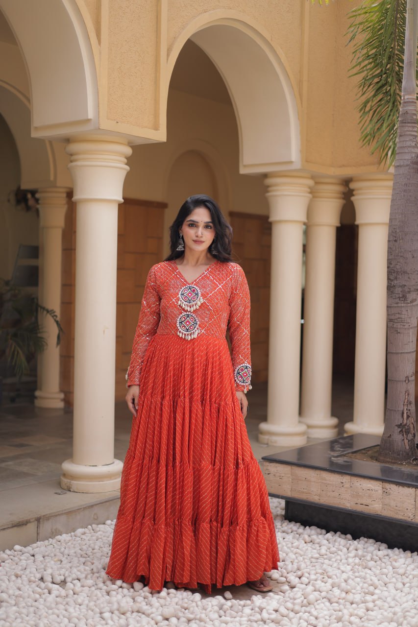 Jhanvi Orange Faux Georgette Laheriya Kutchi Patchwork Gown