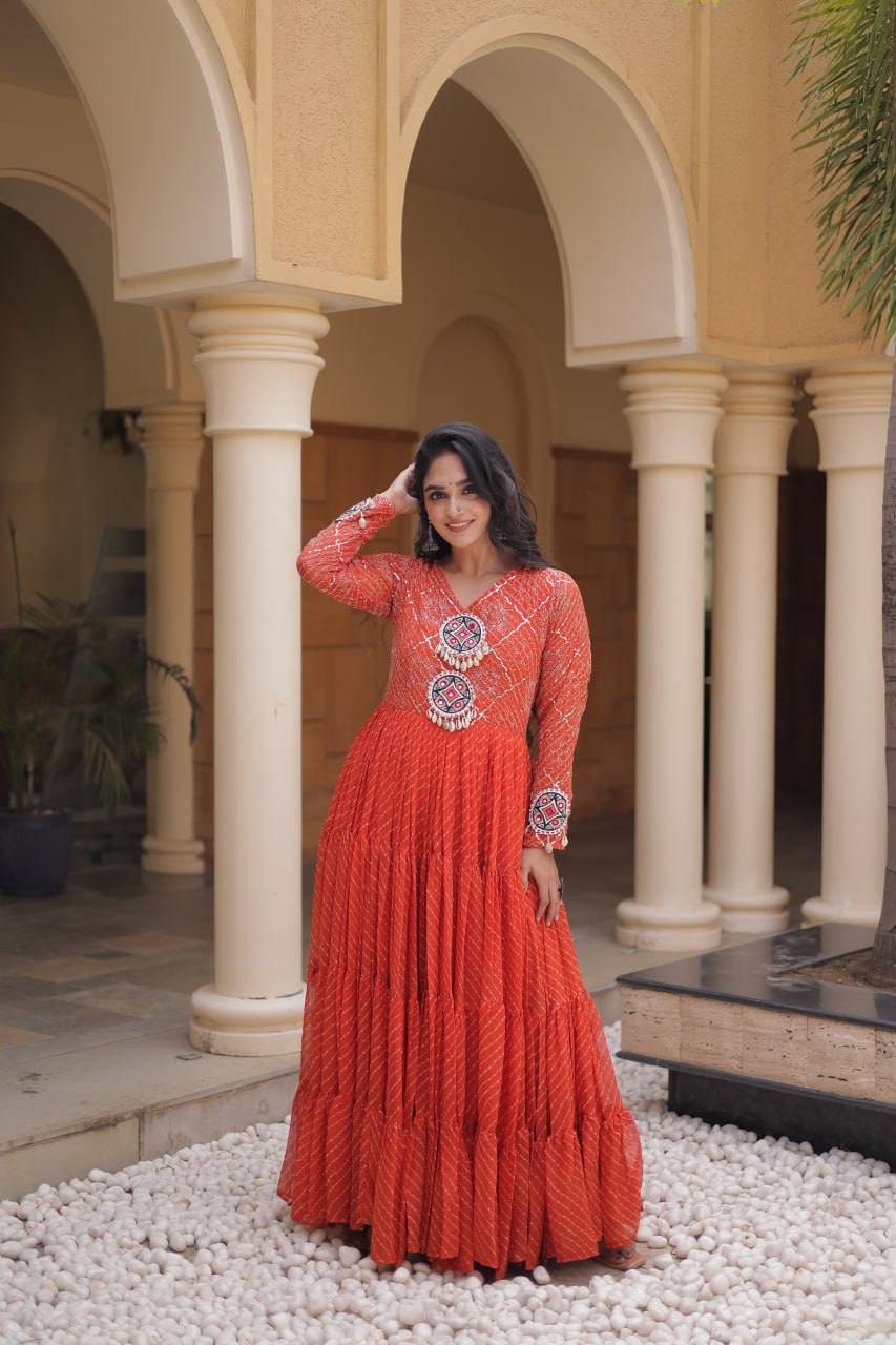 Jhanvi Orange Faux Georgette Laheriya Kutchi Patchwork Gown