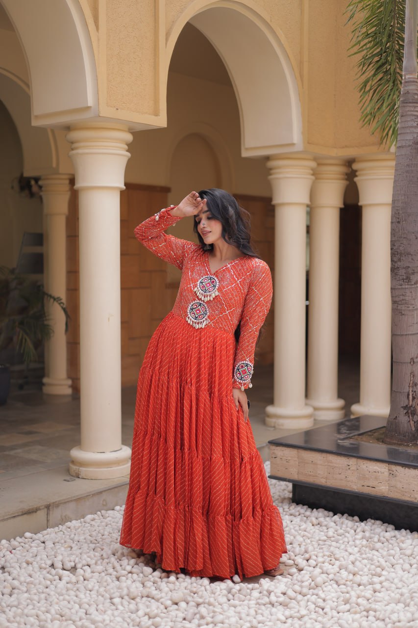 Jhanvi Orange Faux Georgette Laheriya Kutchi Patchwork Gown
