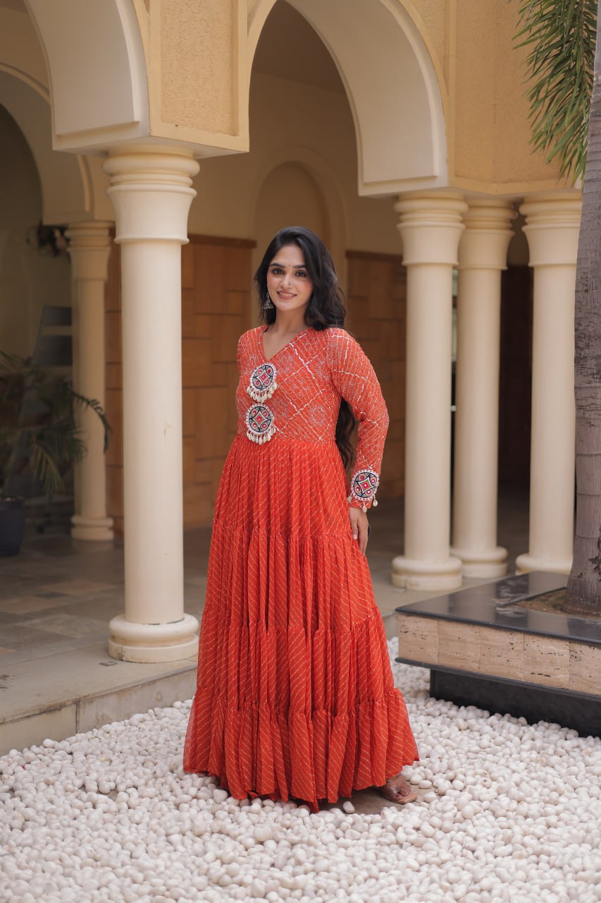 Jhanvi Orange Faux Georgette Laheriya Kutchi Patchwork Gown