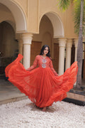 Jhanvi Orange Faux Georgette Laheriya Kutchi Patchwork Gown