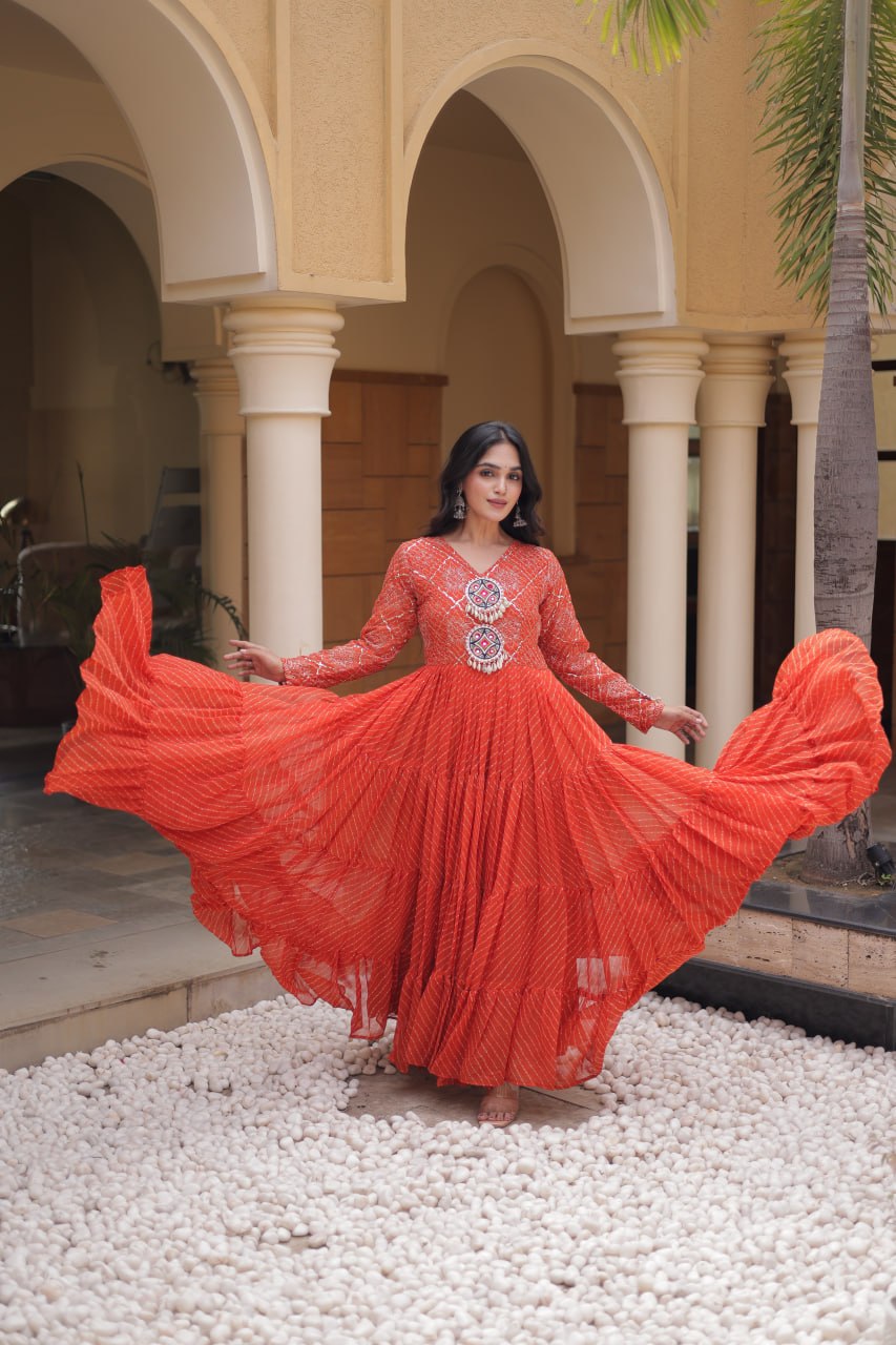 Jhanvi Orange Faux Georgette Laheriya Kutchi Patchwork Gown