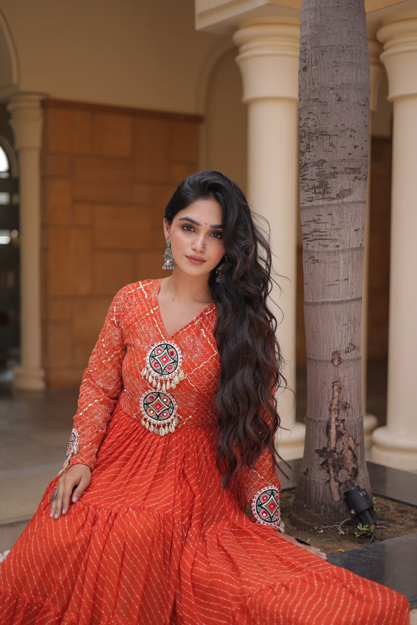 Jhanvi Orange Faux Georgette Laheriya Kutchi Patchwork Gown