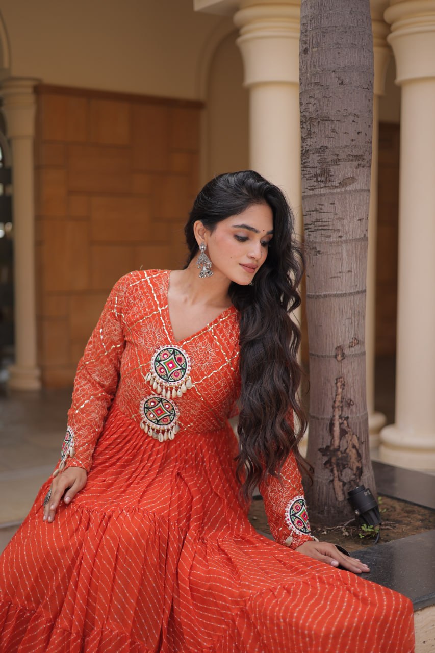 Jhanvi Orange Faux Georgette Laheriya Kutchi Patchwork Gown