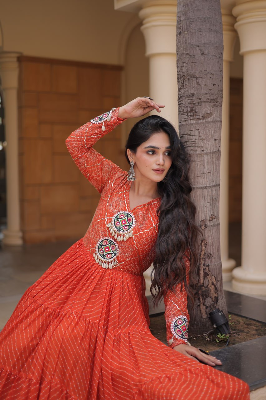 Jhanvi Orange Faux Georgette Laheriya Kutchi Patchwork Gown