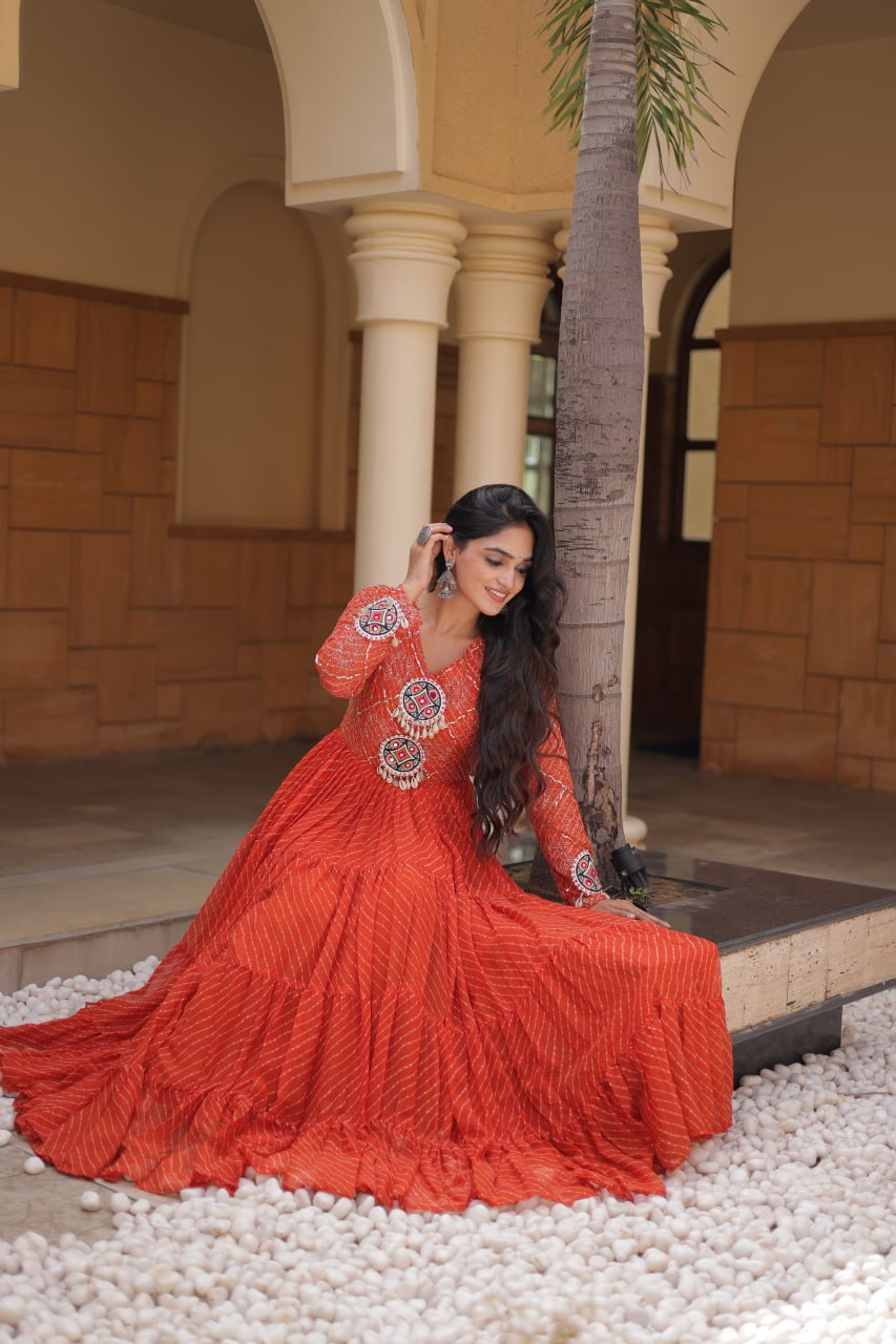 Jhanvi Orange Faux Georgette Laheriya Kutchi Patchwork Gown