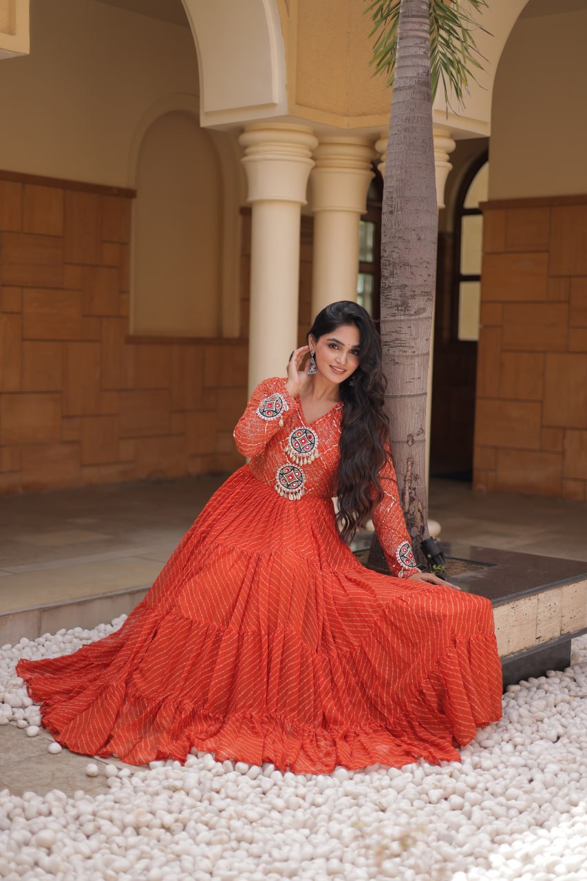 Jhanvi Orange Faux Georgette Laheriya Kutchi Patchwork Gown