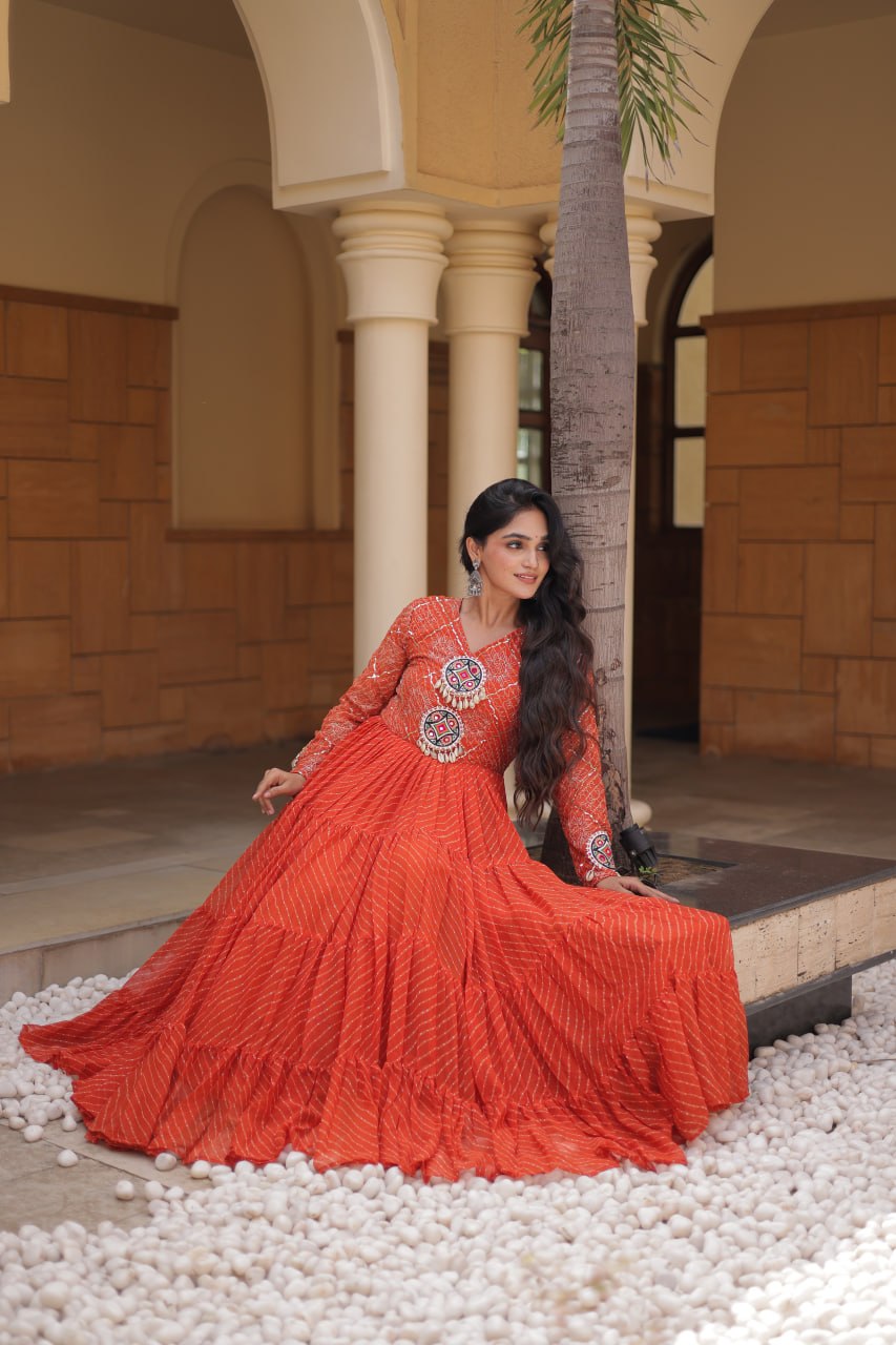 Jhanvi Orange Faux Georgette Laheriya Kutchi Patchwork Gown