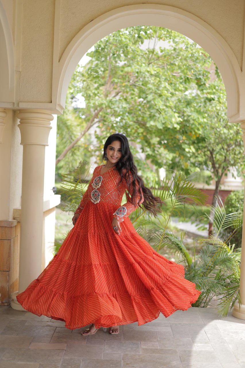 Jhanvi Orange Faux Georgette Laheriya Kutchi Patchwork Gown