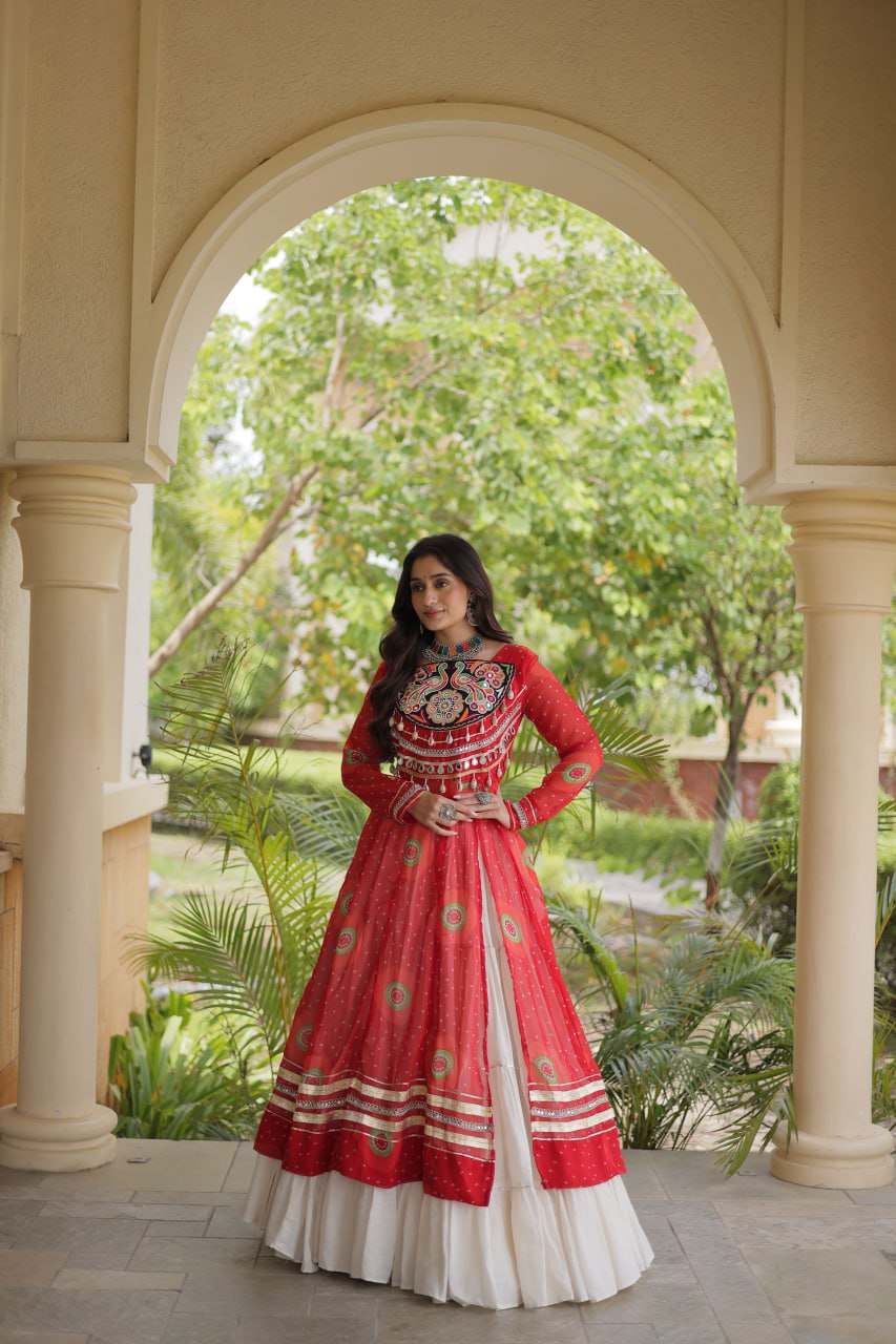 Kritika Red Kora Cotton Bandhani Lehenga & Kurti Set