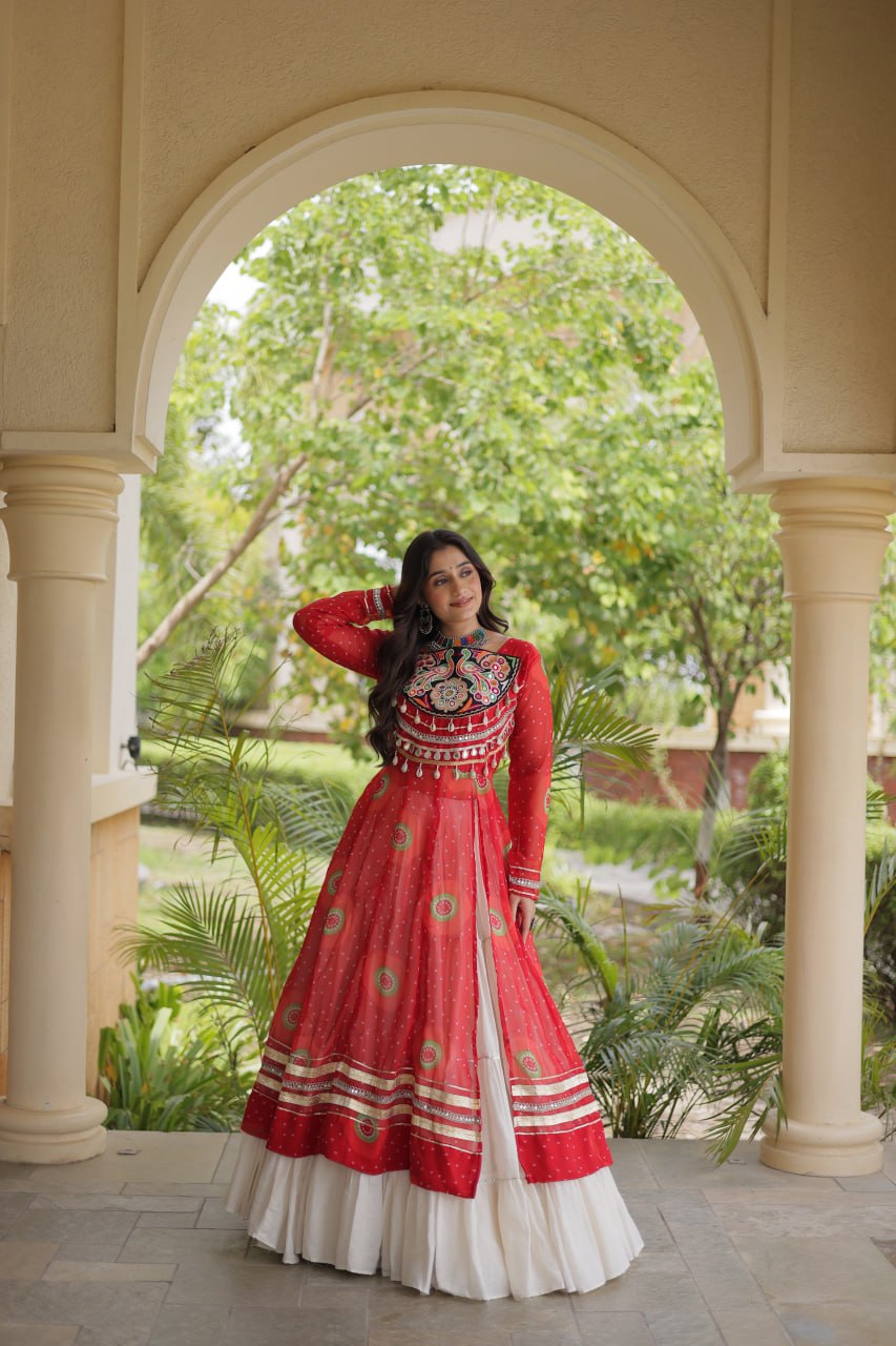 Kritika Red Kora Cotton Bandhani Lehenga & Kurti Set