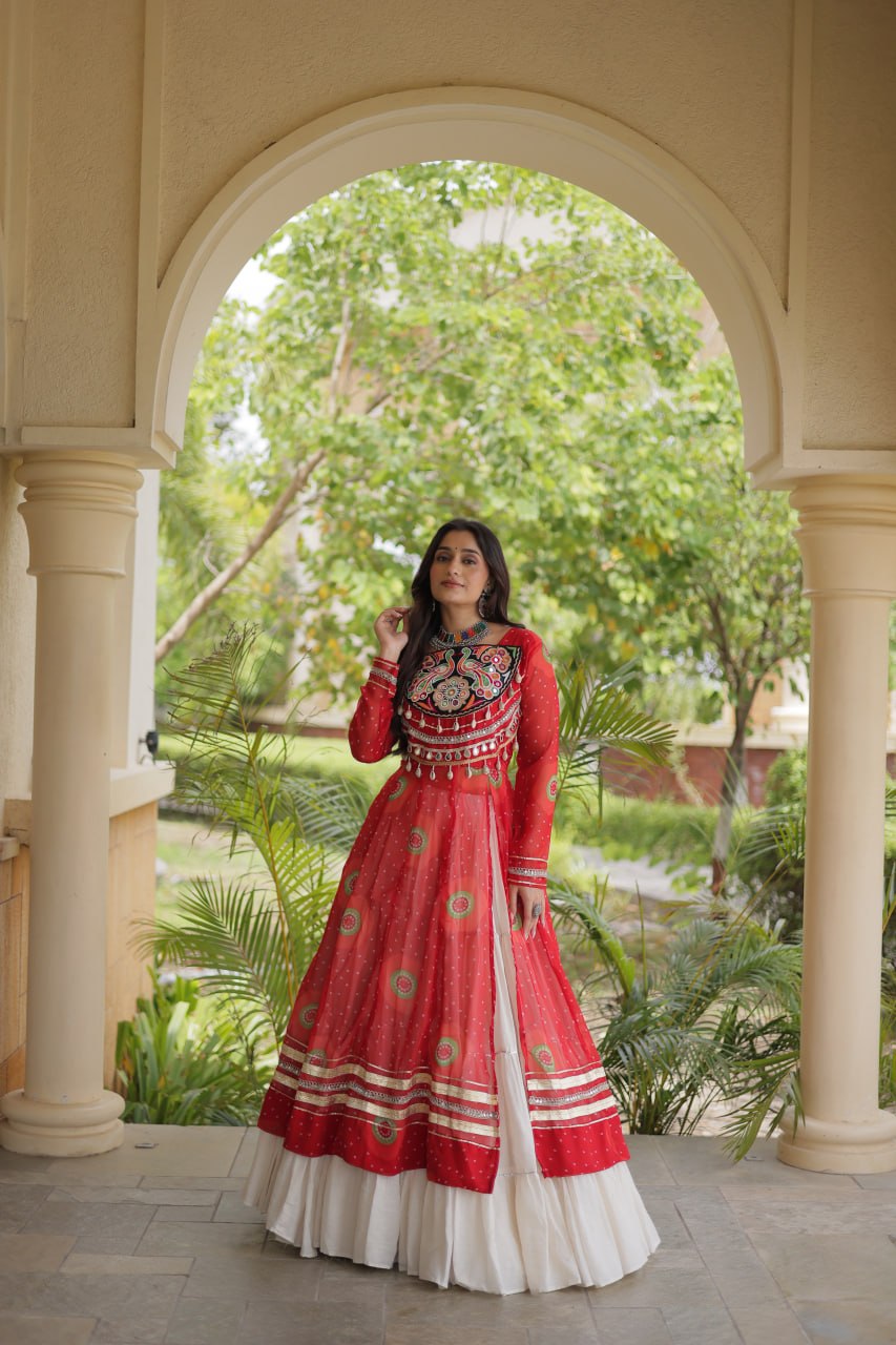 Kritika Red Kora Cotton Bandhani Lehenga & Kurti Set