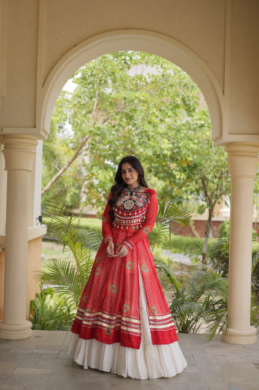 Kritika Red Kora Cotton Bandhani Lehenga & Kurti Set