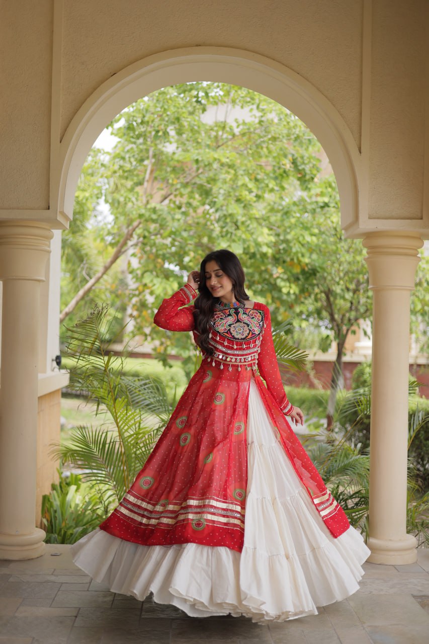 Kritika Red Kora Cotton Bandhani Lehenga & Kurti Set