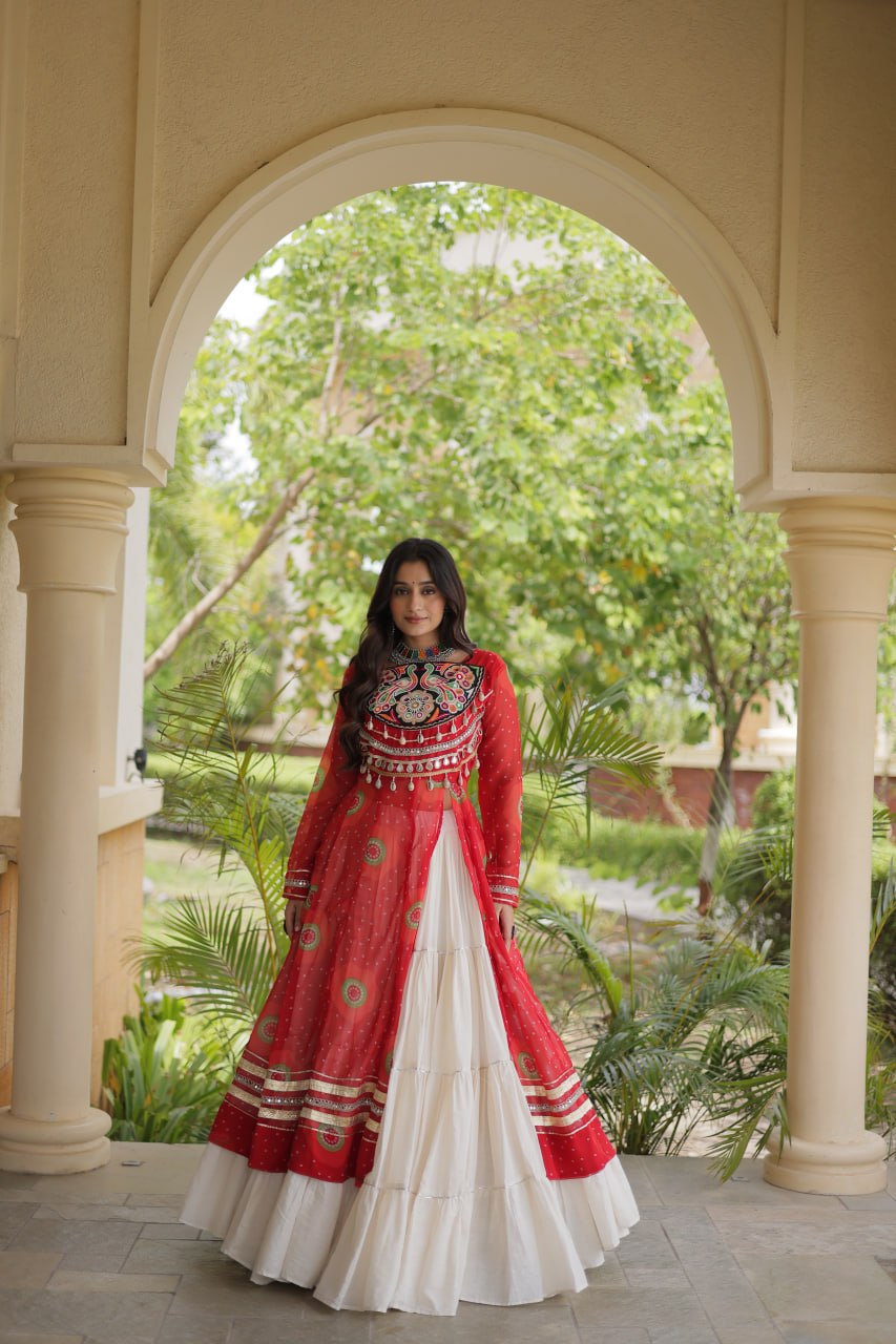 Kritika Red Kora Cotton Bandhani Lehenga & Kurti Set