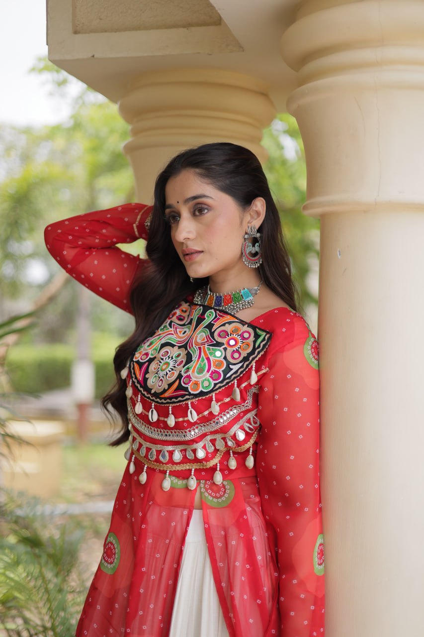 Kritika Red Kora Cotton Bandhani Lehenga & Kurti Set